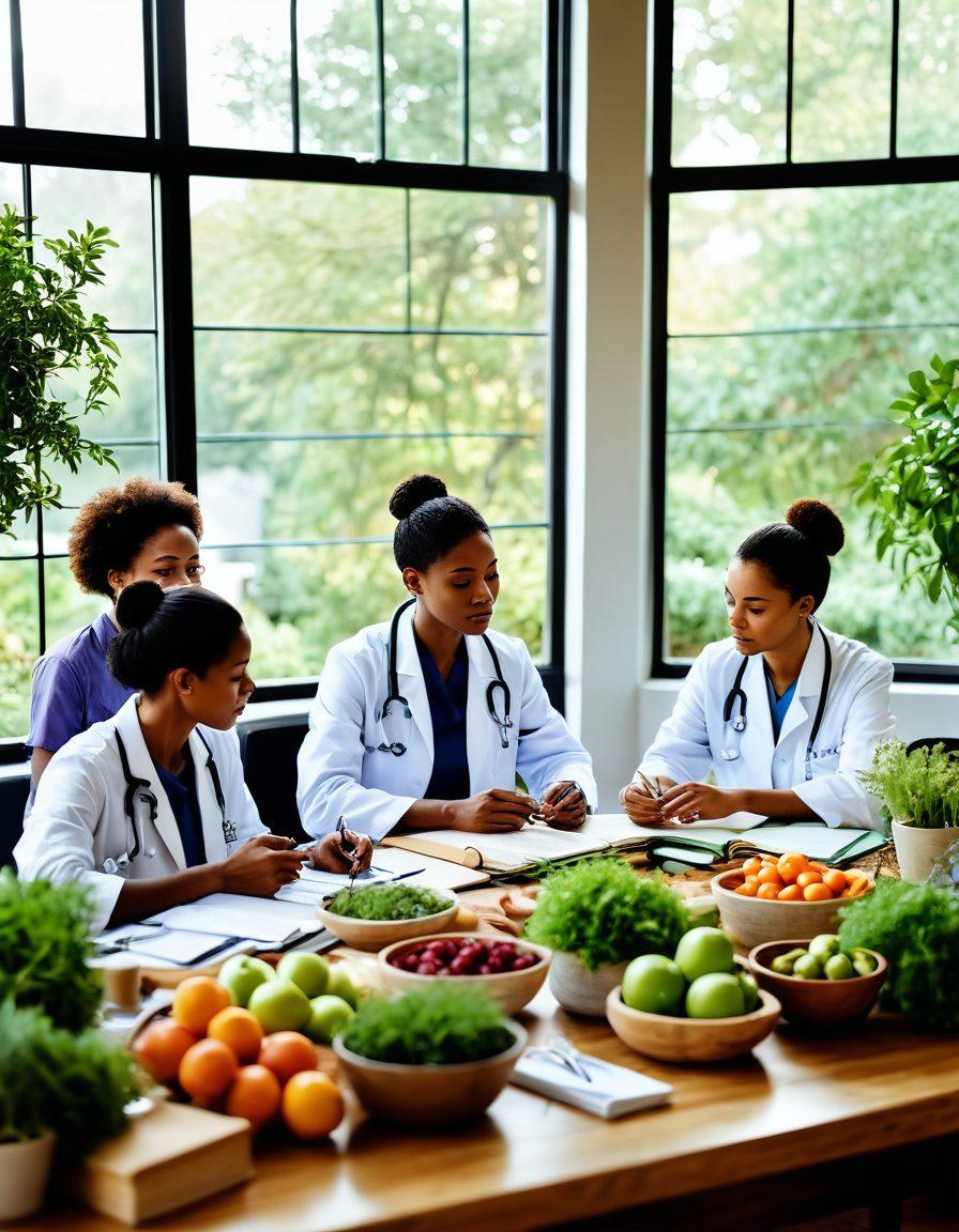 A serene scene depicting a diverse group of medical professionals discussing wellness over a table filled with healthy foods, plants, and wellness resources. Include symbols of healing like stethoscopes, herbs, and journals, with a light-filled atmosphere that conveys positivity and knowledge. Subtle background elements like a calming nature view through a window enhance the peaceful vibe. vibrant colors. soft focus.