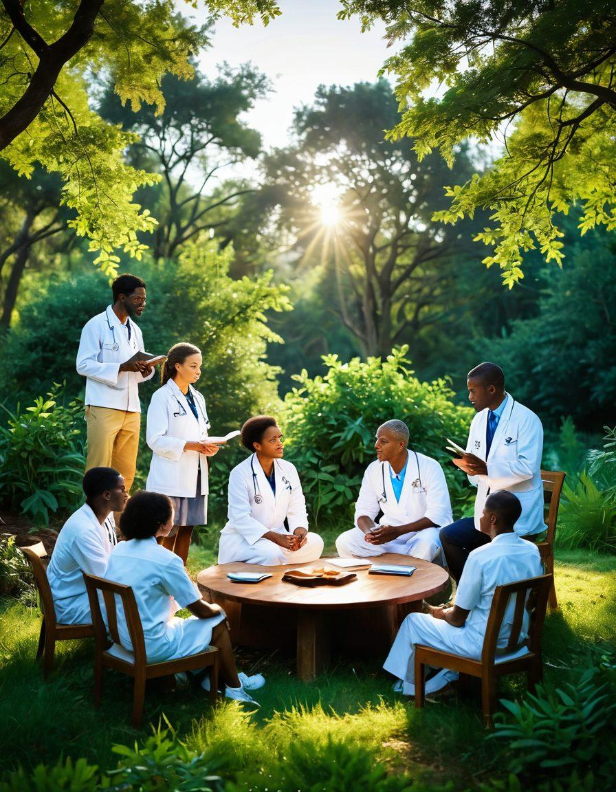 A tranquil scene depicting a diverse group of top physicians engaging in a collaborative discussion, surrounded by nature, symbolizing wellness and healing. Infuse elements like medical symbols, books, and wellness tools with soft, warm lighting that conveys a sense of hope and guidance. The background should showcase lush greenery and a clear sky, enhancing the theme of exploration and insight. super-realistic. vibrant colors. peaceful atmosphere.