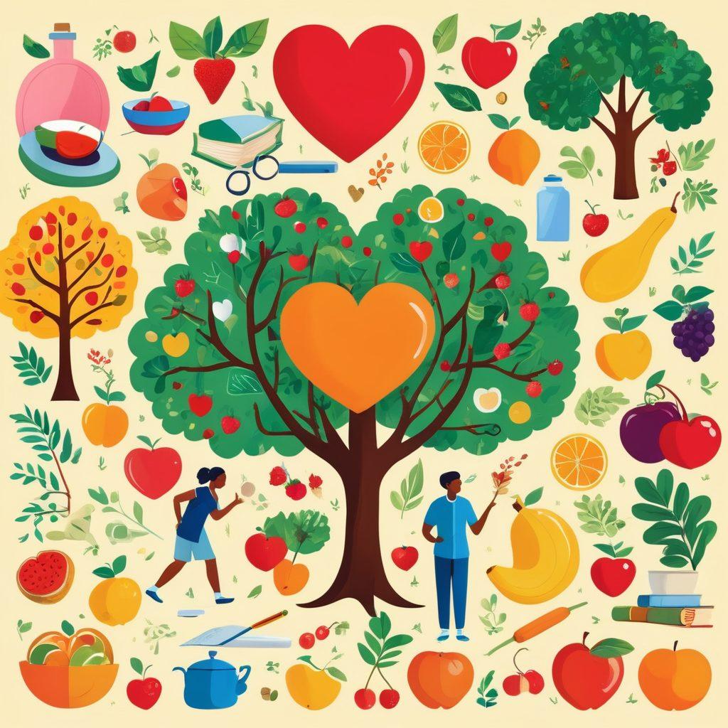 A vibrant illustration showing a diverse group of people engaging in various health-related activities, such as exercising, cooking healthy meals, and studying medical books. Include symbols of health like a stethoscope, fruits, and a heart. The background should be bright and inviting, featuring elements like trees and sunlight to symbolize a healthy lifestyle. The scene should exude positivity and motivation, encouraging readers on their health journey. super-realistic. vibrant colors.